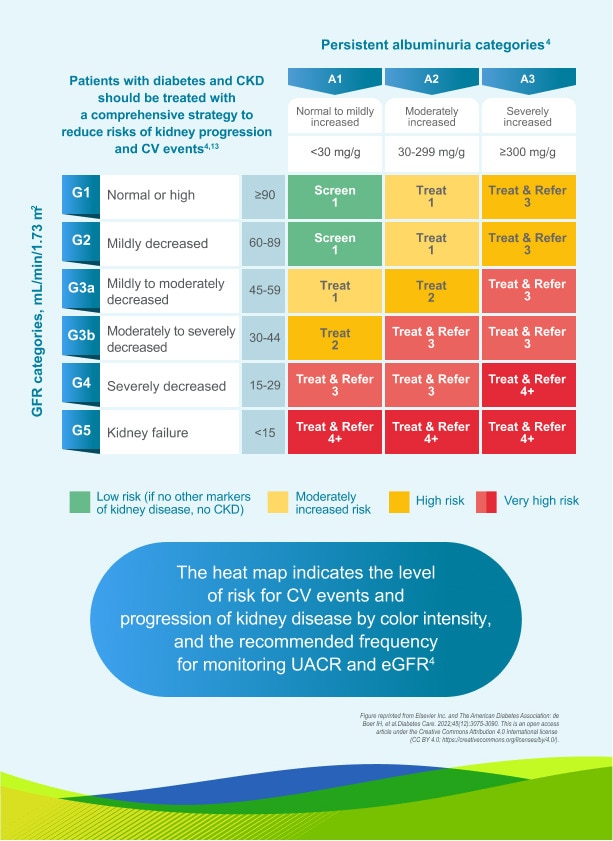 Color-coded KDIGO heat map showing CKD risk in patients with type 2 diabetes according to eGFR stage and albuminuria level, noting recommendations for screening, treatment, and referral