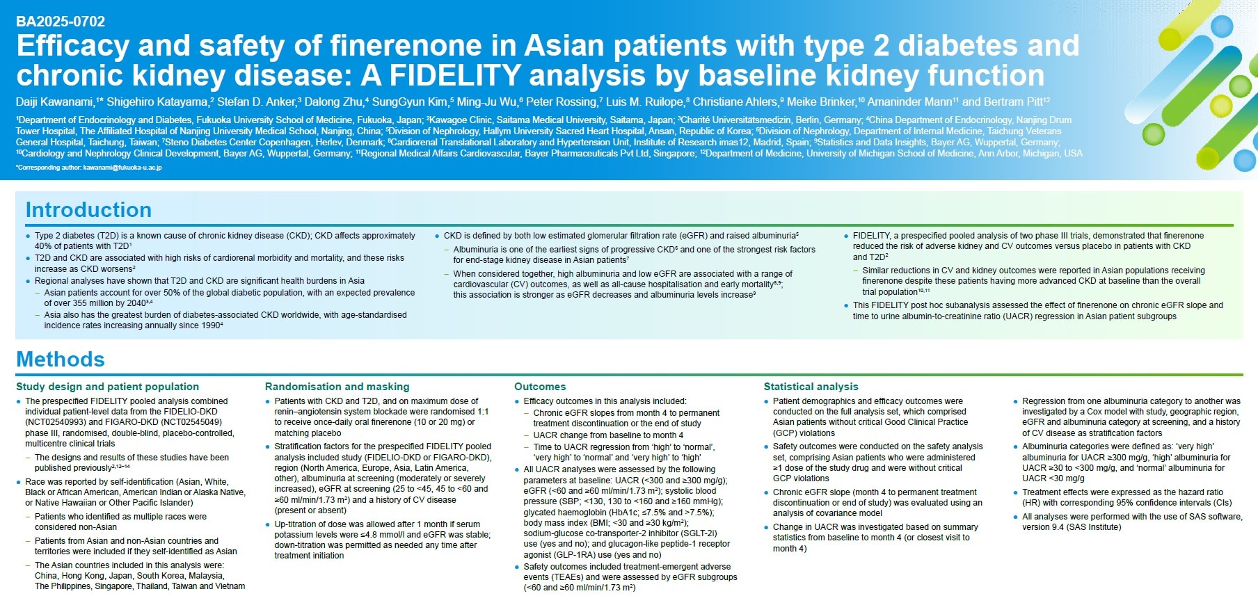 Poster presenting the Efficacy and safety of finerenone in Asian patients with type 2 diabetes and chronic kidney disease: A FIDELITY analysis by baseline kidney function