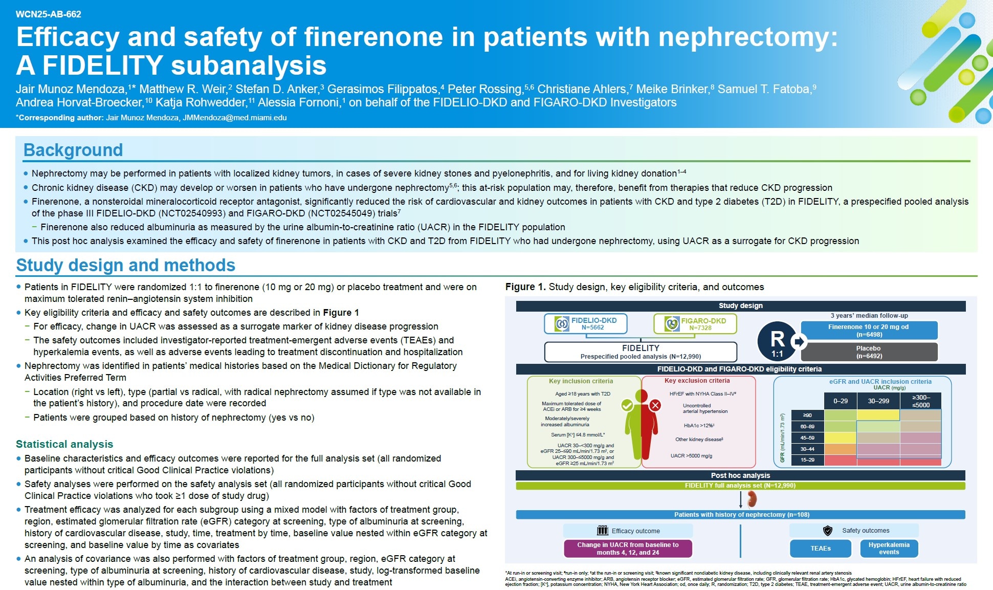 Poster presenting the efficacy and safety of Finerenone in nephrectomy patients, FIDELITY sub analysis study design and methods.