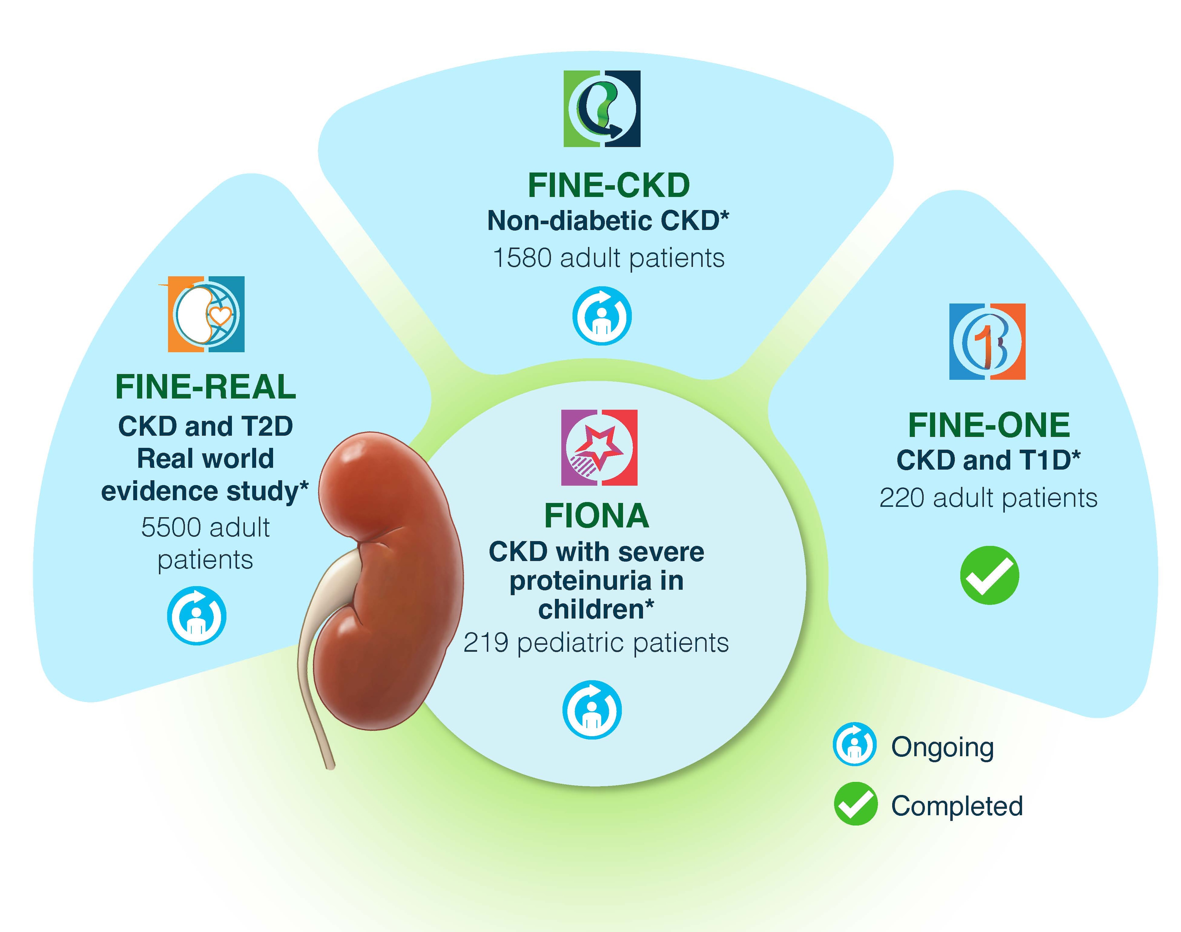 Infographic showing CKD clinical trial program with over 7500 patients including FINE-REAL in CKD and type 2 diabetes, FIND-CKD in non-diabetic CKD, FIONA in pediatric CKD with severe proteinuria, and FINE-ONE in CKD and type 1 diabetes